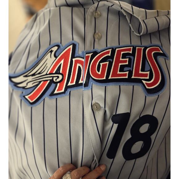 Anaheim Angels Jersey Mens XL MLB Majestic Pinstripe Vtg 90s #18 J Duffy USA - Picture 2 of 11
